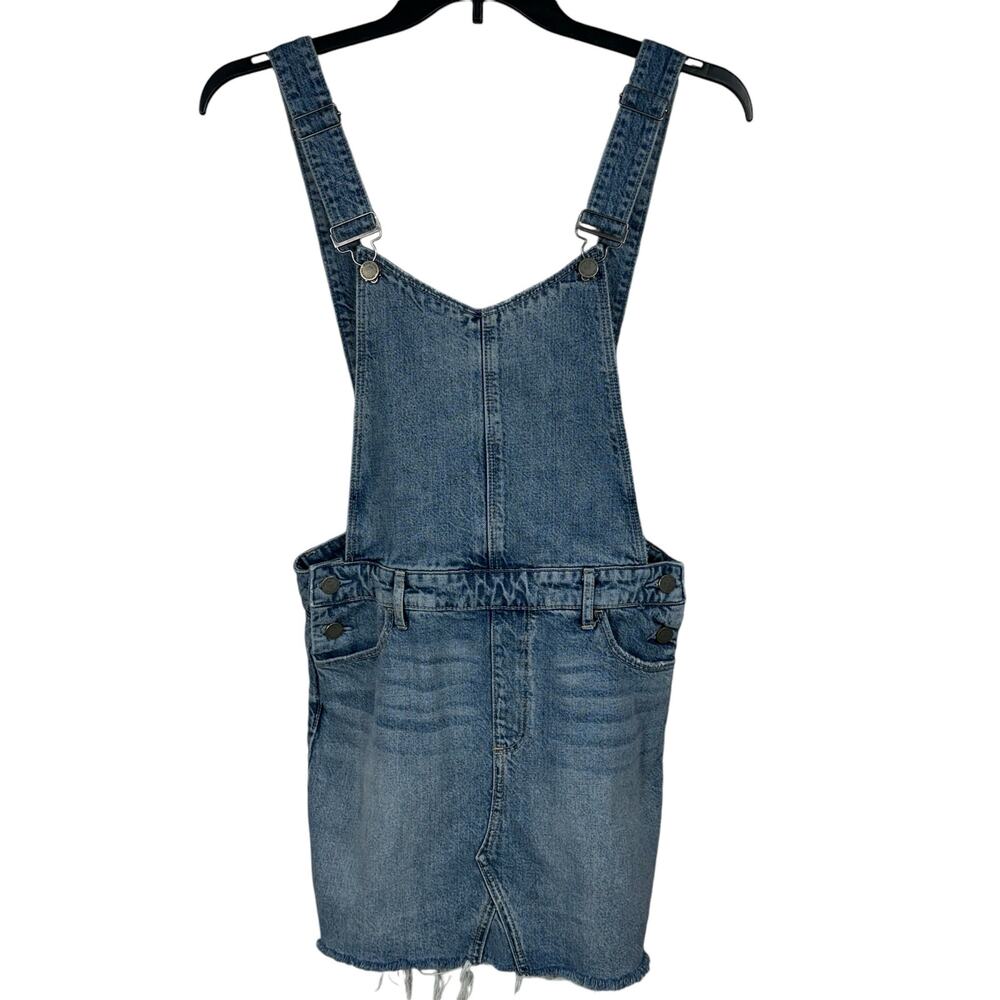 Paige SZ 27 Retta Overall Mini Jean Dress Frayed Hems Whiskered Medium Wash Blue